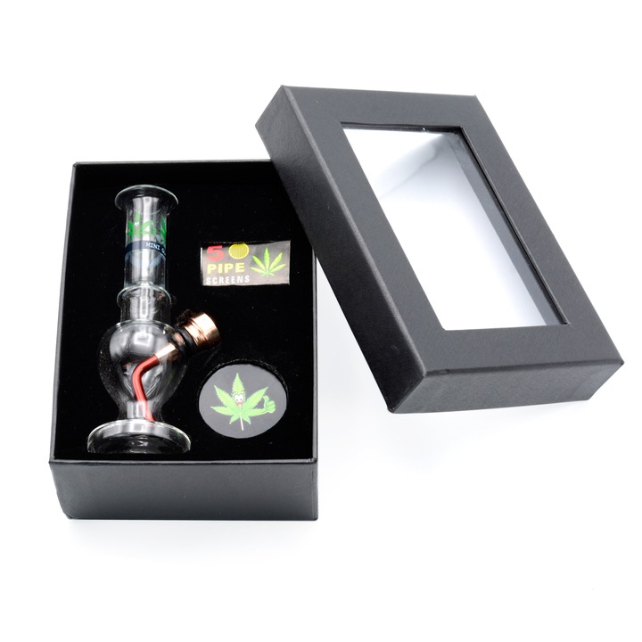 Set bong sticla 12 cm, grinder, site, Toro, Happy Leaf Round