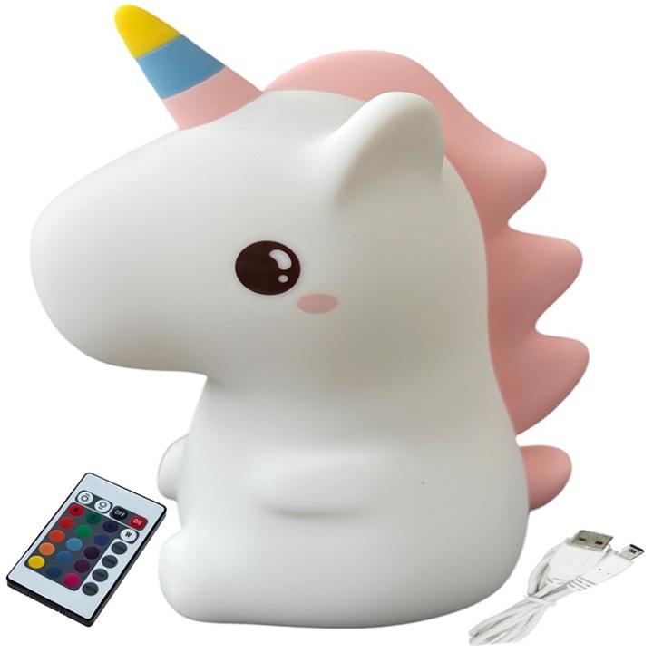 Lampa de Veghe Inorog din Silicon BPA-free, Cu Telecomanda si touch-control Reincarcabila USB, Schimbare in 7 culori LED, cu Carcasa Lavabila si Detasabila AK5765