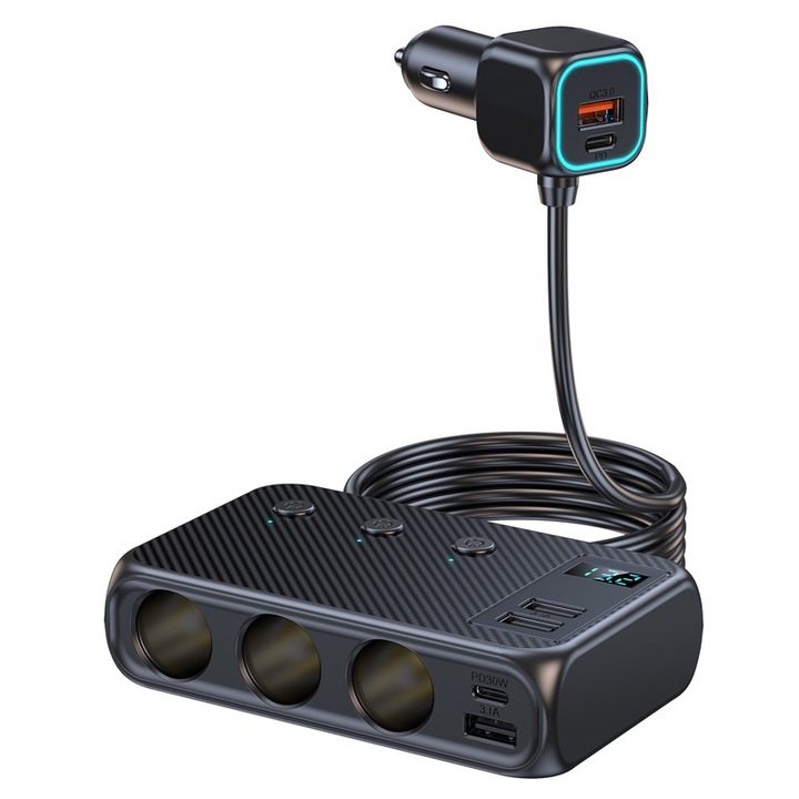 9 az 1-ben autós töltő, 3 aljzat, 171 W, PD kimenet, LED kijelző, 12-24 V