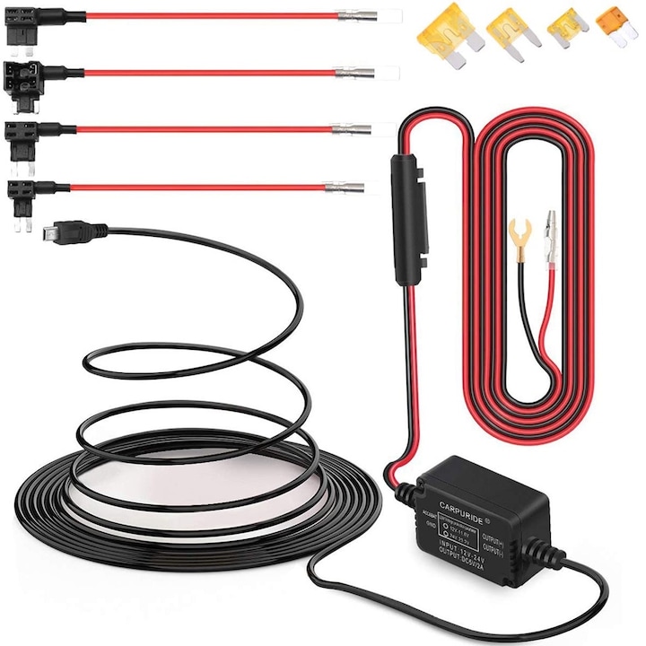 Set cablu de alimentare auto 12V-30V la 5V, protectie la tensiune scazuta, negru + rosu, 3.2 metri