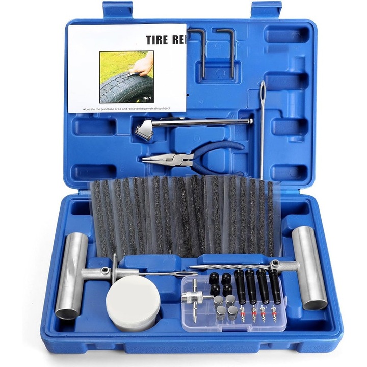 Set de reparare anvelope 65PCS, unelte T-handle, kit de reparare pentru masini, motociclete, ATV-uri, camionete, cutie de depozitare albastra