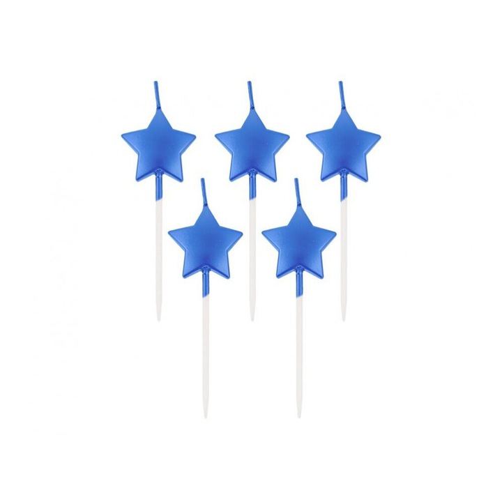 Комплект от 5 свещи за торта, модел металик синя звезда