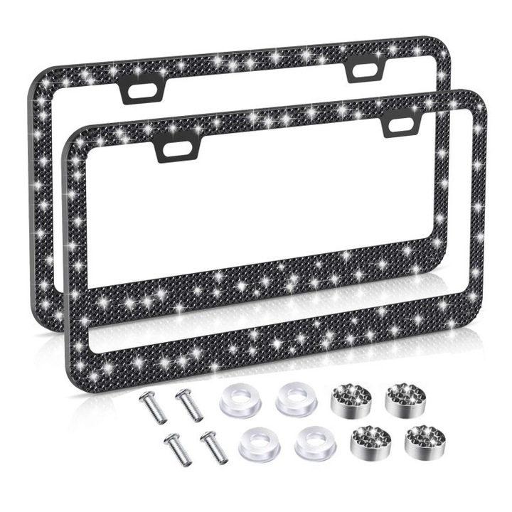 Set 2 Cadre pentru Placute de Inmatriculare cu Rhinestones, Cadru din Otel Inoxidabil, Multicolor, 12.4x6.3inch