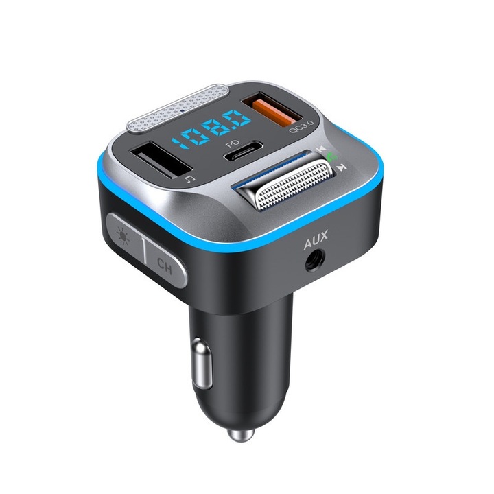 Transmitator FM auto, incarcator auto PD+QC3.0, adaptor radio Bluetooth 5.0, microfon wireless, 32GB, negru, 45x45x75mm