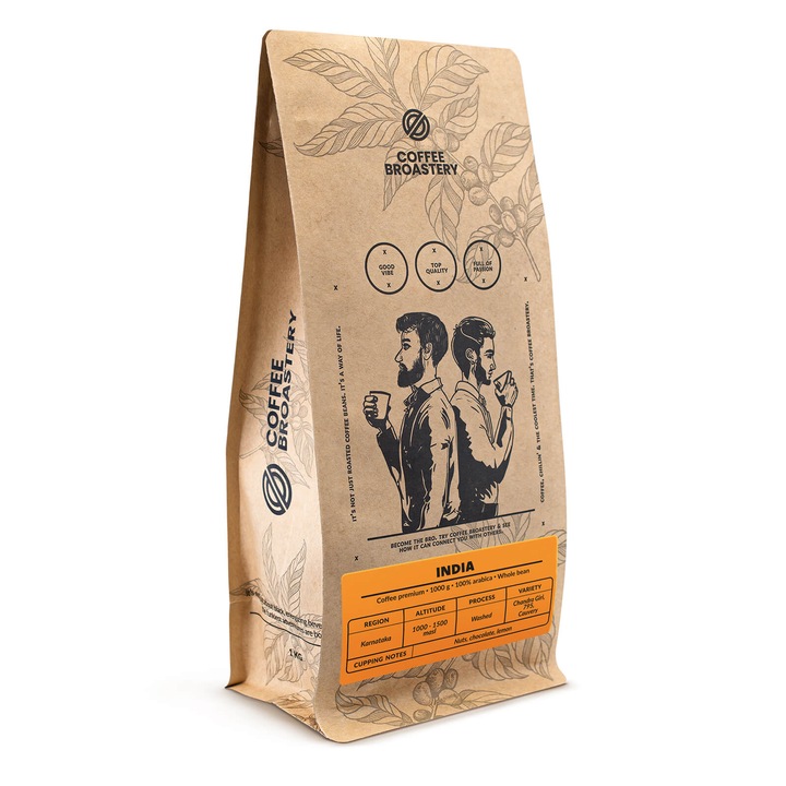 Кафе на зърна, Coffee Broastery India Karnataka Premium, Арабика, Прясно изпечено, 1 кг