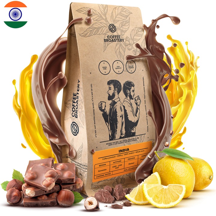 Cafea Boabe de Specialitate Coffee Broastery, India Karnataka Premium, Proaspat Prajita nu Amar, 100% Arabica, Aciditate Scazuta, Calitate Superioara, 1kg