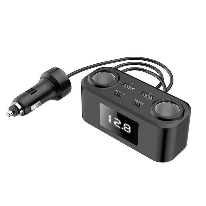 Autós szivargyújtó elosztó Q5, 100W, 4 USB port, gyorstöltés, 12V/24V