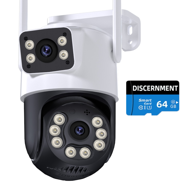 Двойна камера за наблюдение, DISCERNMENT, 360°, Ultra HD, IP66, черна, комплект включен с 64G карта памет