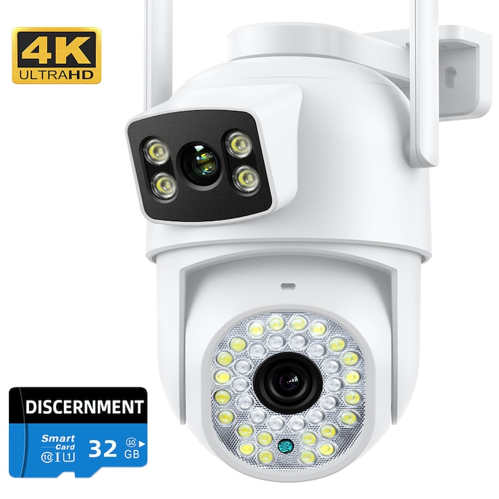 Двойна камера за наблюдение, 360°, Ultra HD, IP66, с детекция на движение, черна, пълен комплект