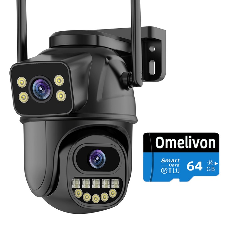 Двойна безжична камера за видеонаблюдение, 8MP, Outdoor/Indoor, Ultra HD, 5X Zoom, Ротация, LED светлина, WiFi функция, PTZ, Двупосочна комуникация, Сензор за движение, Нощно виждане, Сирена, Черен