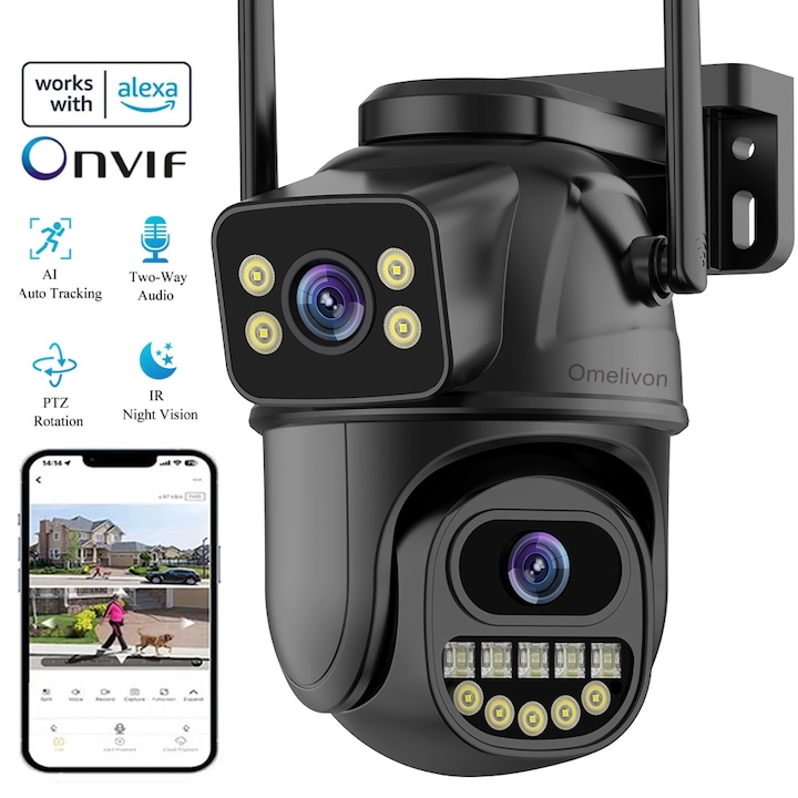 Двойна безжична камера за видеонаблюдение, 8MP, Outdoor/Indoor, Ultra HD, 5X Zoom, Ротация, LED светлина, WiFi функция, PTZ, Двупосочна комуникация, Сензор за движение, Нощно виждане, Сирена, Черен