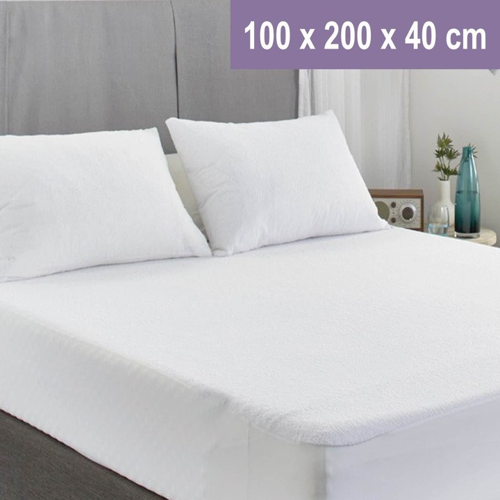 Cearceaf impermeabil alb, 100x200x40cm, material din bumbac și poliester