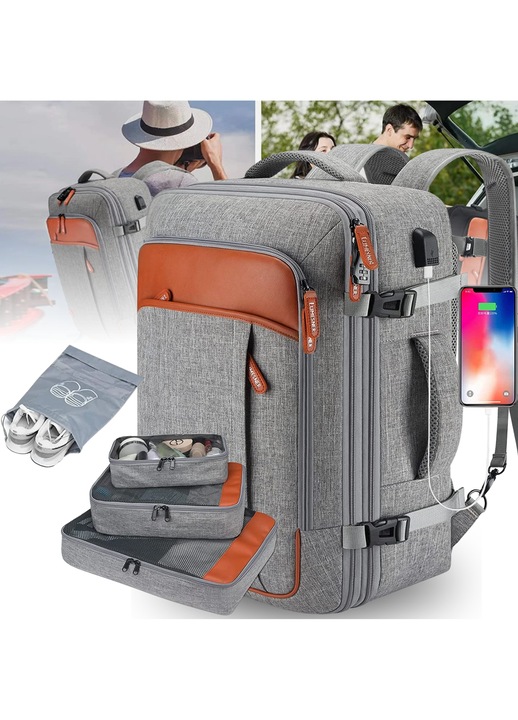 Utazó hátizsák, Luxofia, 40L, Repülési engedéllyel rendelkező kézipoggyász, USB-port, tartós cipzárak, bővíthető, vízálló, 3 csomagolókockát tartalmaz, szürke