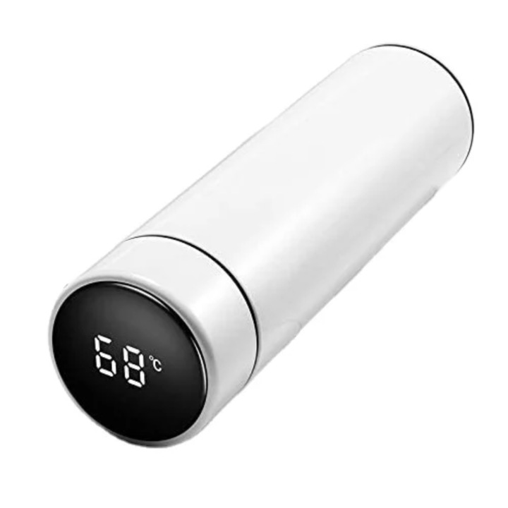 Cana Inteligenta Termos cu Ecran Mare, 500 ml, Otel Inoxidabil, Izolatie Termica 6-12 ore, Alb