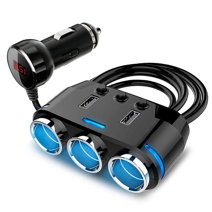 OEM Autós szivargyújtó adapter 3 aljzattal, dupla USB autós töltővel, LED kijelzővel, 12V/24V