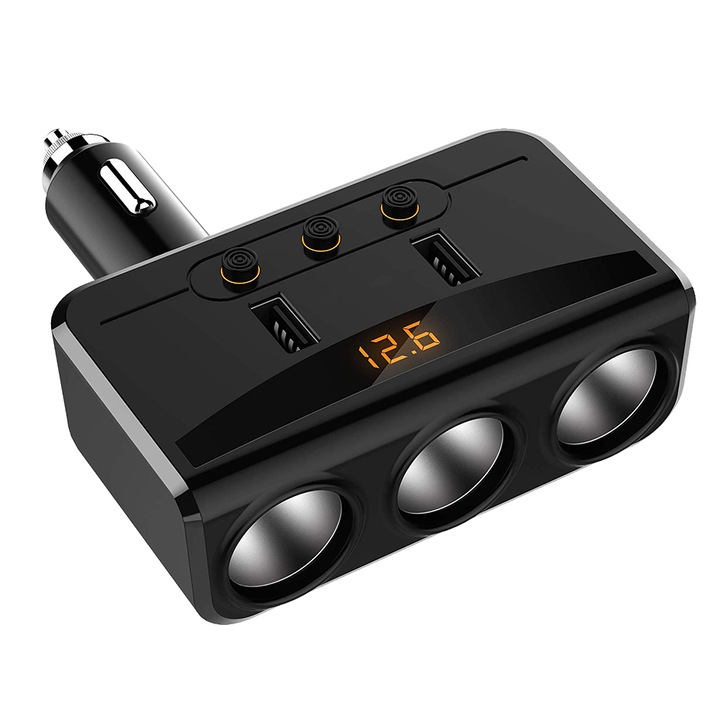 Autós töltő 3 aljzattal, 2 USB porttal, fekete, 12V/24V