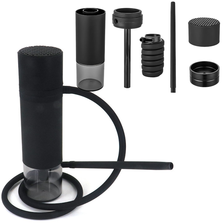 Mini Narghilea Portabila, cu Set Complet - Usor de Asamblat, Curatat si Depozitat, 400ml, Perfecta pentru Masina, Calatorii si Exterior, Negru