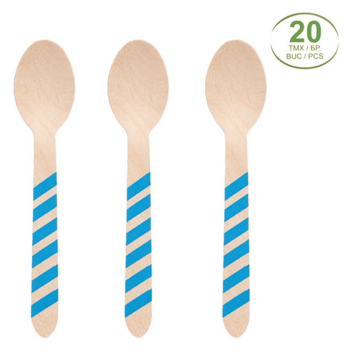 Set 20 Linguri de petrecere din lemn Eco Antbro®, maner in dungi albastre, 16cm