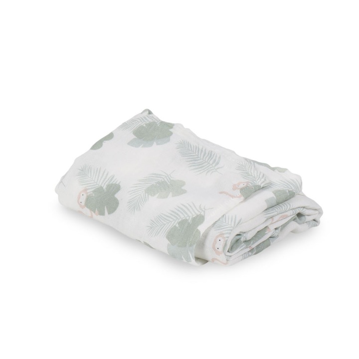 Pamut és bambusz muszlin, többfunkciós pelenka vagy szőnyeg, Monstera Monkey Hunter Mint, 120 x 120 cm