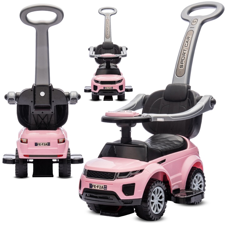 Toló kocsi gyerekeknek, SunBaby, Sport Car, fogantyúval és klipszel, élénk rózsaszín