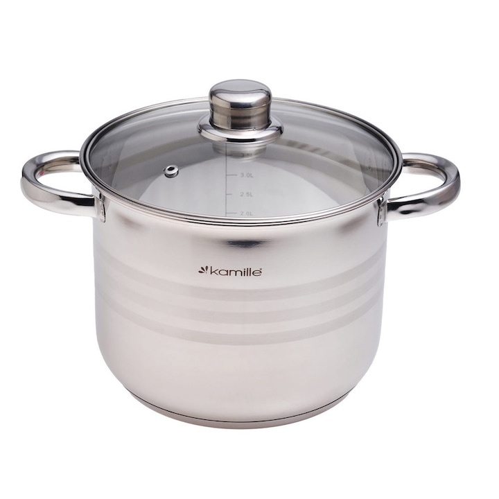 Oala din otel 6 L cu capac 22 cm, Kamille inoxidabil 5402, inductie gaz