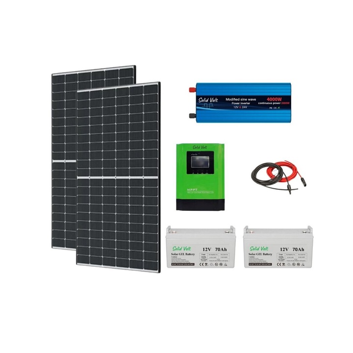 Kit solar fotovoltaic off grid 910W, Solid Volt, invertor 2000W/4000W 12V/24V, 2 panouri solare 455W, regulator/ controller 40A, 2 baterii solare cu gel 70Ah si 20 m cablu solar cabana, rulota, casa, autorulota, container, iluminat