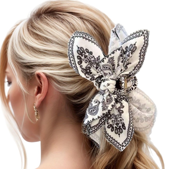 Шнола за коса с панделка, Акрил, бяла, 15x10x8см