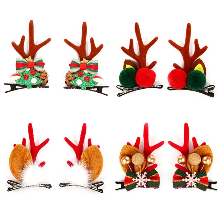 Karácsonyi hajcsat, Rqiurpn, 4 páros készlet, rénszarvas és fenyő minták, többszínű