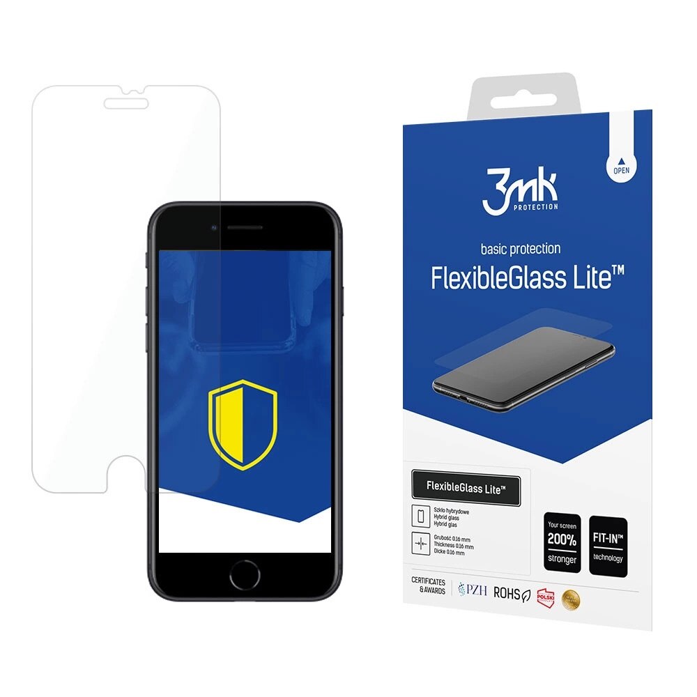 Folie hibrida 3mk FlexibleGlass Lite pentru iPhone SE, 0,16 mm, rezistenta la zgarieturi, transparenta