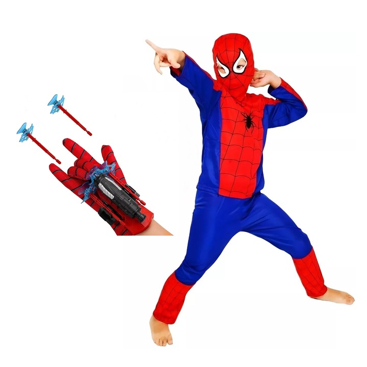 Set costum Spiderman KidMania® si lansator cu ventuze pentru copii, 5-7 ani, 110 - 120 cm
