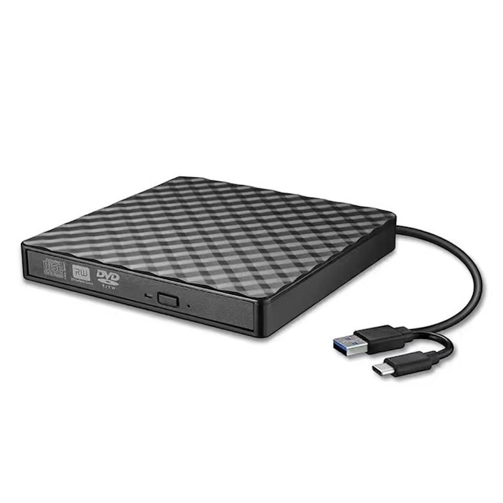 Външно DVD записващо устройство, Rqiurpn, USB 3.0/Type-c, lug & Play, Ултра тънък преносим дизайн, RW, Съвместим лаптоп, PC, Настолен компютър, Windows 10/8/7, 14,2 x 13,8 x 1,8 cm, Черен