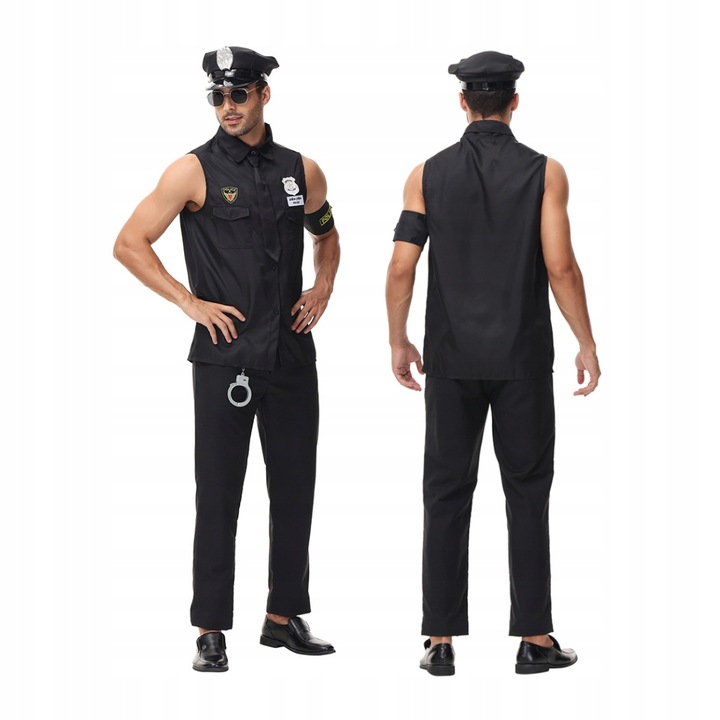 Costum, Korbi, Ofiter De Aplicare A Legii, Camasa Fara Maneci, Sapca Cu Emblema Politiei, Catuse Din Plastic, Latime Subrat 50 cm, Lungime Totala 77 cm, Negru