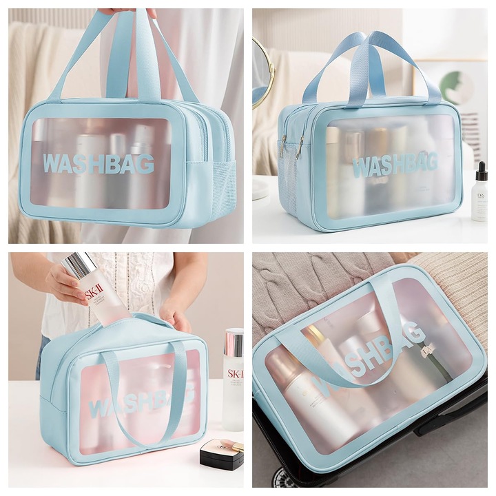 Portfard, 2 in 1, cu compartimente pentru articole umede si uscate, 31x21x15cm, transparent/albastru