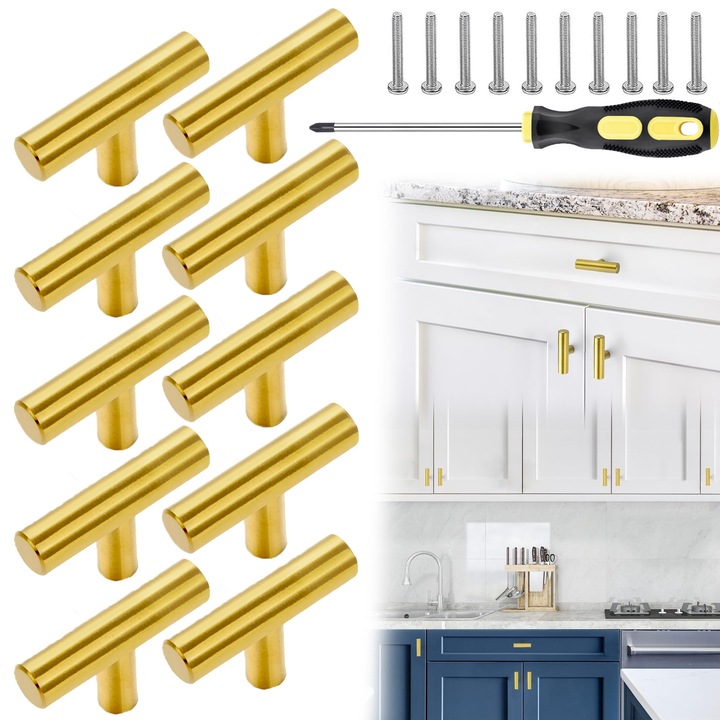 Set 10 manere pentru mobilier, Hggzeg, Lungime 50mm, Diametru 10mm, Gaura unica, Include suruburi si surubelnita, Pentru cabinetul de birou de acasa Dulap de dulap cu piept Dresser, Otel inoxidabil, Auriu