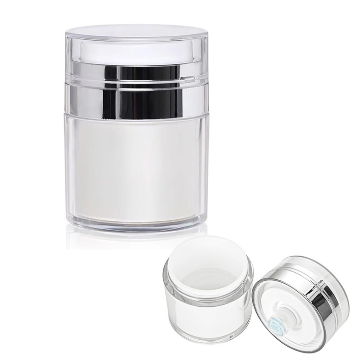 Recipient Cosmetic Vacuum Refilabil 50 ml Alb - Pentru Creme & Emulsii, Reduce Contactul cu Degetele/Aerul, Prelungeste Durata de Viata, Ideal Calatori
