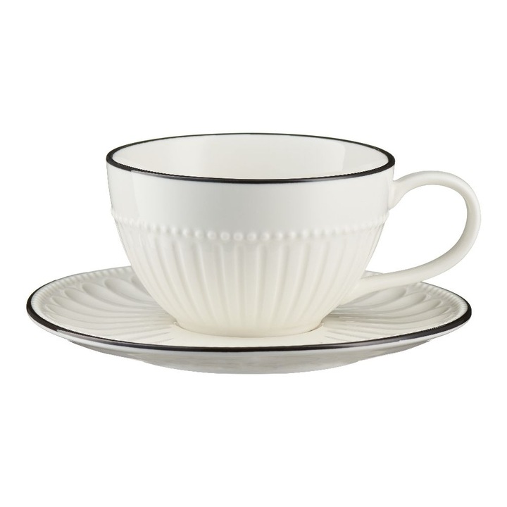 Ceasca din portelan cu farfurie, Villa Italia, 240 ml, alb/negru