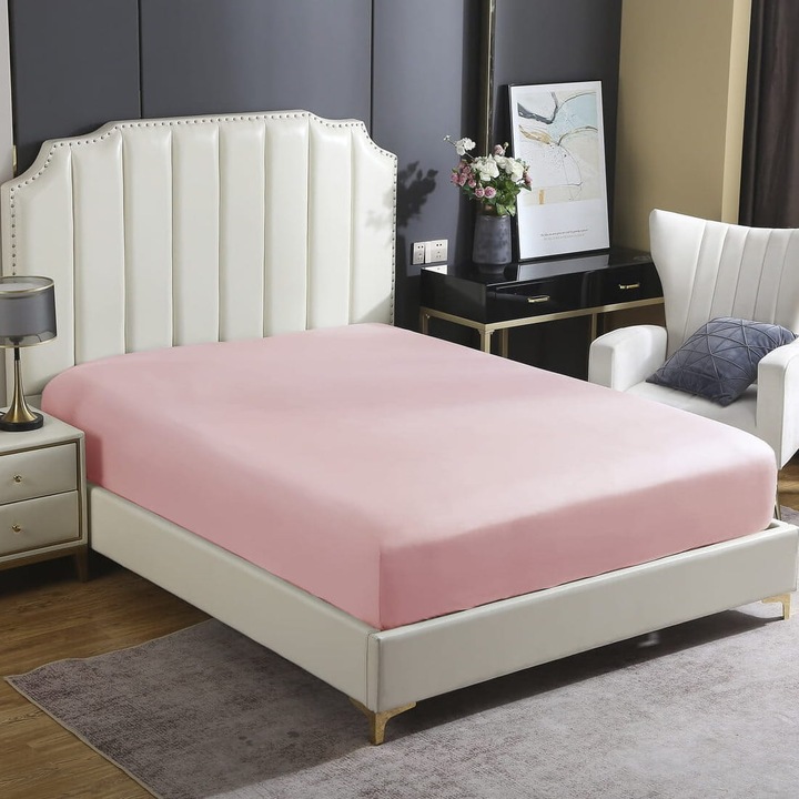 Чаршаф с ластик, 200x200+30см, памучен сатен, пудра, комплект