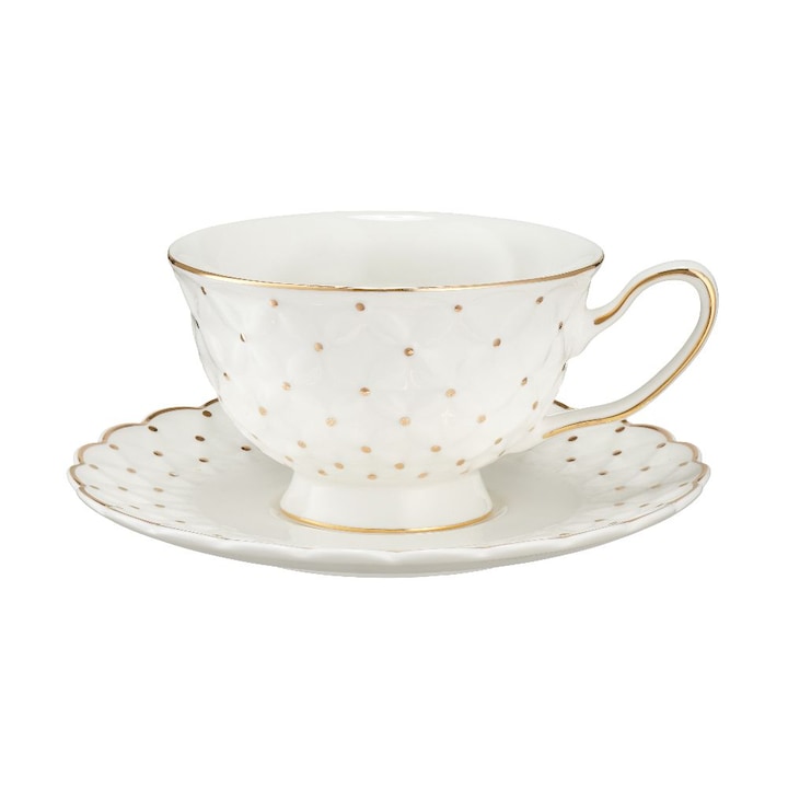 Ceasca de ceai cu farfurie Alexia, Villa Italia, Portelan, 200 ml, Alb / Auriu