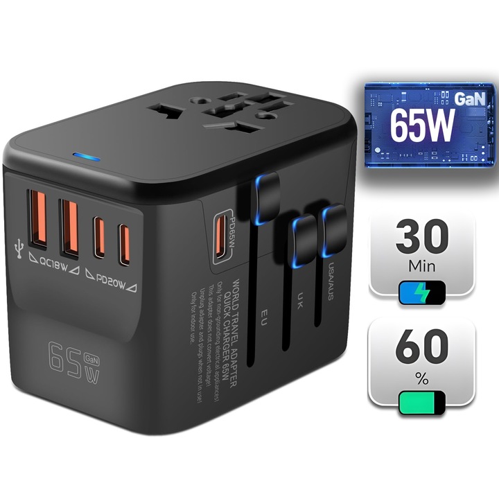 Adaptor Priza Universal International de Calatorie, Excitat®, GaN 65W, 2 USB+3 Type-C, 2500W Fast Charging, Compatibil iPhone, Samsung, Huawei, Laptop, Priza US UK EU Asia Australia, Siguranta, Negru