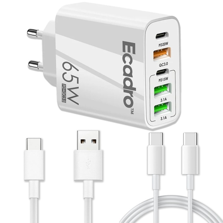 Ecadro hálózati töltő, 5 port, 65 W gyorstöltés, 3 x USB, 2 x Type-C, univerzális kompatibilis iPhone, Huawei, Samsung, Xiaomi, USB-C adatkábel, CC típusú adatkábel mellékelve, fehér