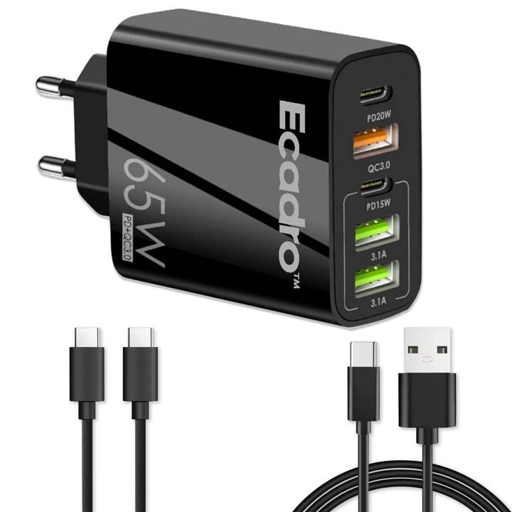 Ecadro™ hálózati töltő, 5 port, 65 W gyorstöltés, 3 x USB, 2 x Type-C, univerzális kompatibilis iPhone, Huawei, Samsung, Xiaomi, USB-C adatkábel, CC típusú adatkábel mellékelve, fekete
