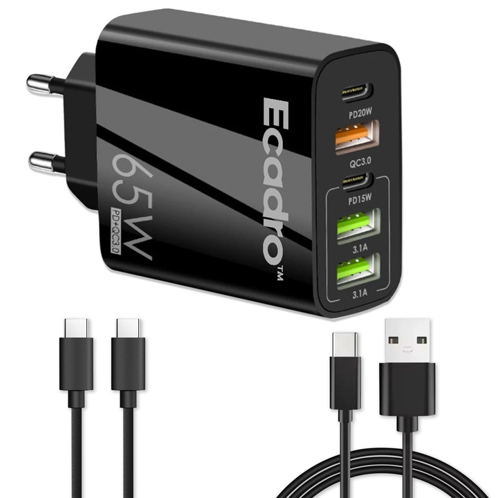 Incarcator Retea Ecadro™, 5 Porturi, 65W Fast Charge, 3 x USB, 2 x Type-C, Universal Compatibil iPhone, Huawei, Samsung, Xiaomi, Cablu de date USB-C, Cablu de date Tip C-C Inclus, Negru
