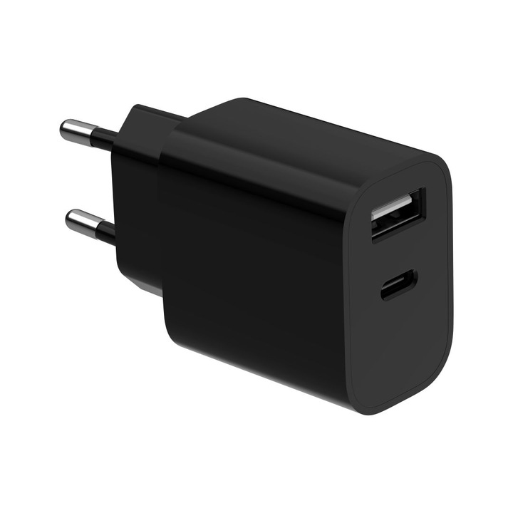 Gembird (TA-UC-2AC12-01-BK) hálózati USB töltő, 1*USB-A és 1*USB-C kimenet, 5V, 2.4A, fekete