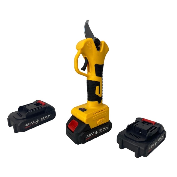 Foarfeca Electrica pentru Gradinarit, 2 Acumulatori 48V, Lama din Otel S-I98, Baterie 9700mAh, fara fir, Accesorii, Valiza Transport, galben, HAPPY JOKER®