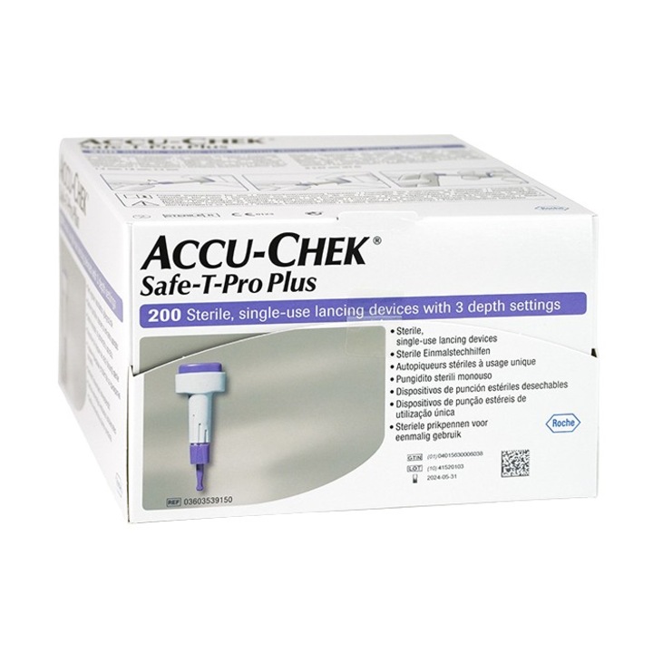 Dispozitiv de intepare Accu Chek Roche, model Safe T Pro Plus, cu setari de adancime reglabile, unica folosinta, 200 buc/set