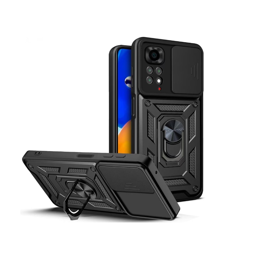 Husa telefon Mat-Tech compatibila cu Xiaomi Redmi Note 11 4G, Protectie Camera Slide and Snap Soft Premium, Magnetic Ring Holder, PopGrip, Anti-Shock, Rugged Protection, Negru