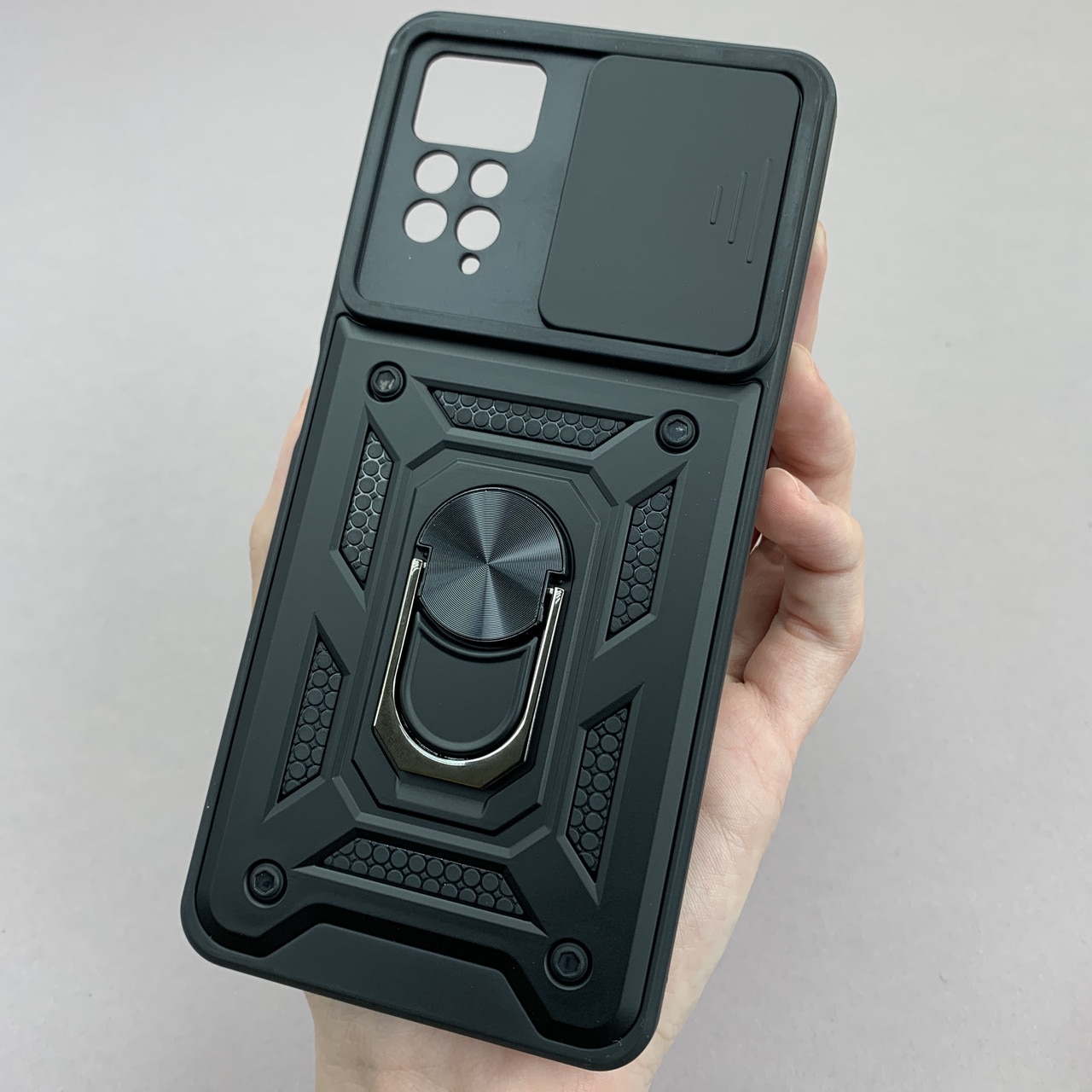 Husa telefon Mat-Tech compatibila cu Xiaomi Redmi Note 11 4G, Protectie Camera Slide and Snap Soft Premium, Magnetic Ring Holder, PopGrip, Anti-Shock, Rugged Protection, Negru