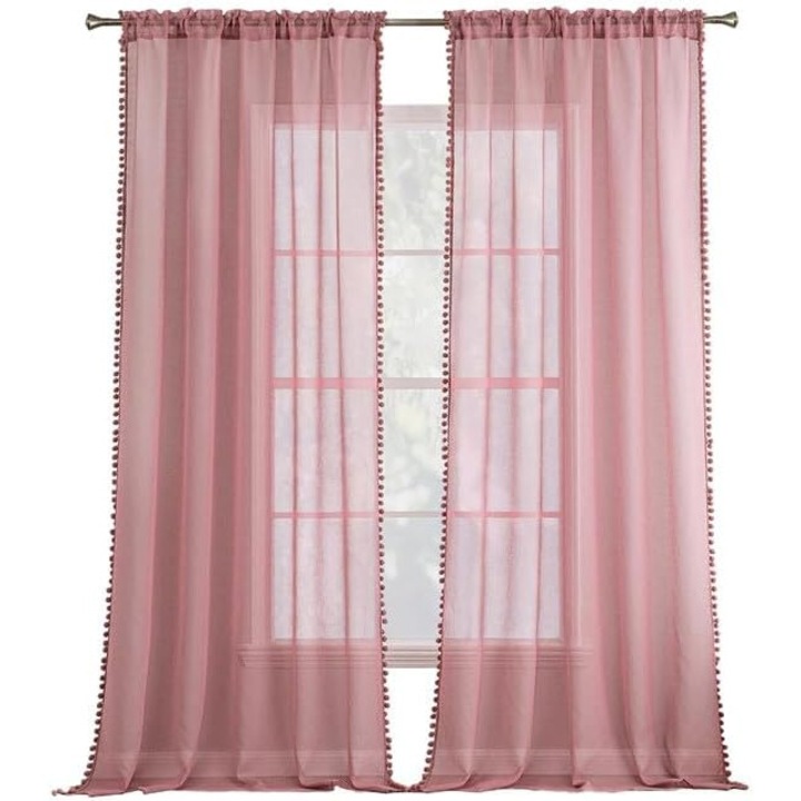 Комплект от 2 пердета MIULEE, помпони, прозрачни, сатен, 140 x 260 см, цвят Dusty Pink