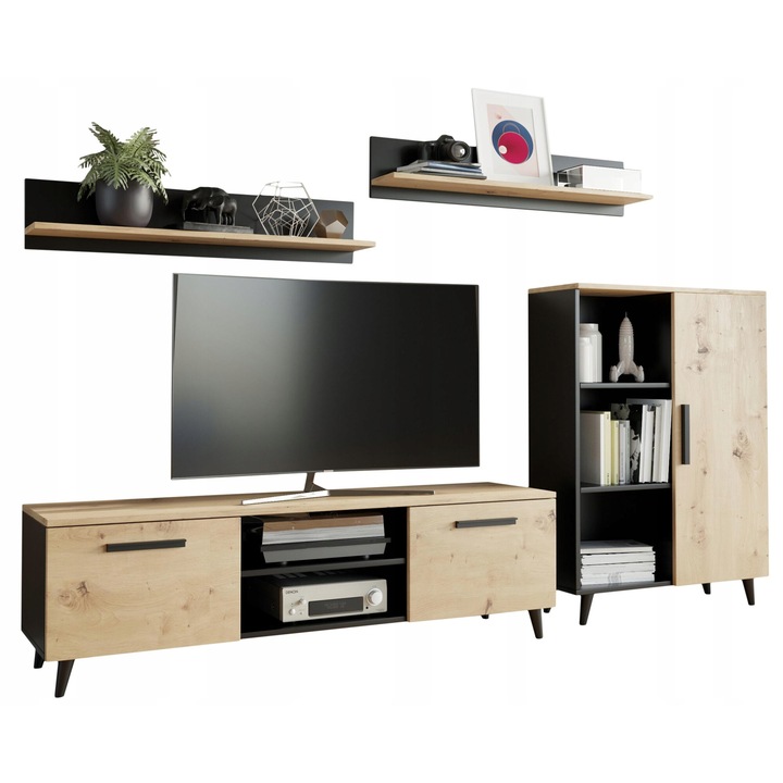 Living/Biblioteca, MATKAM, Oslo, 4 x Dulapuri, Aspect mat, Montaj modular, PAL/HDF, Stejar Artisan