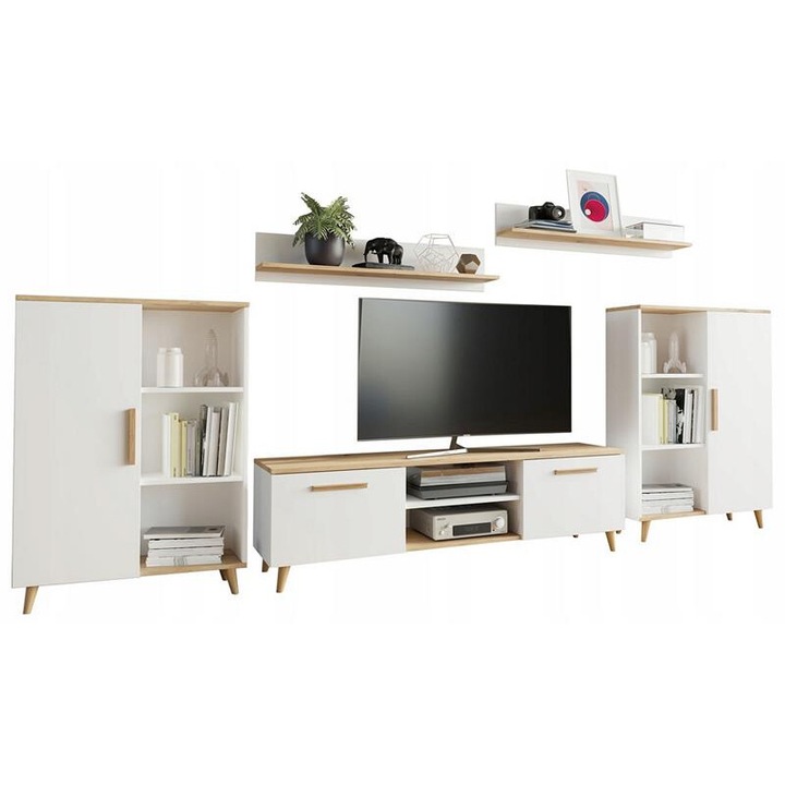 Living/Biblioteca, MATKAM, Oslo 2, 5 x Dulapuri, Aspect mat, Montaj modular, PAL/HDF, Alb